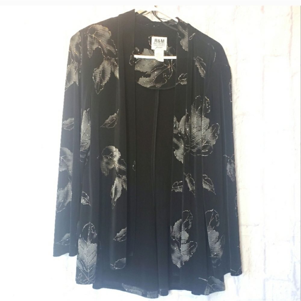 R&M RICHARDS PETITE Glittery Leaf Print Jersey-Knit Open Front Jacket